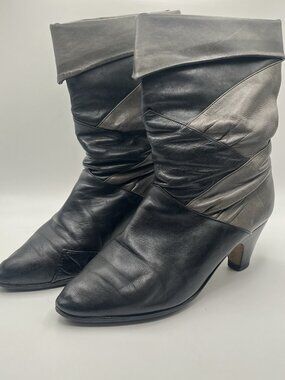 VTG 90s Black Grey Leather Slouch Ankle Boots Heeled Size 8 Grunge Goth Witch